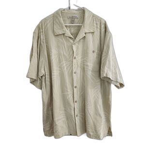 Tommy Bahama Silk Tan Palm Tree Hawaiian Button Up Camp Shirt Short Sleeve XL